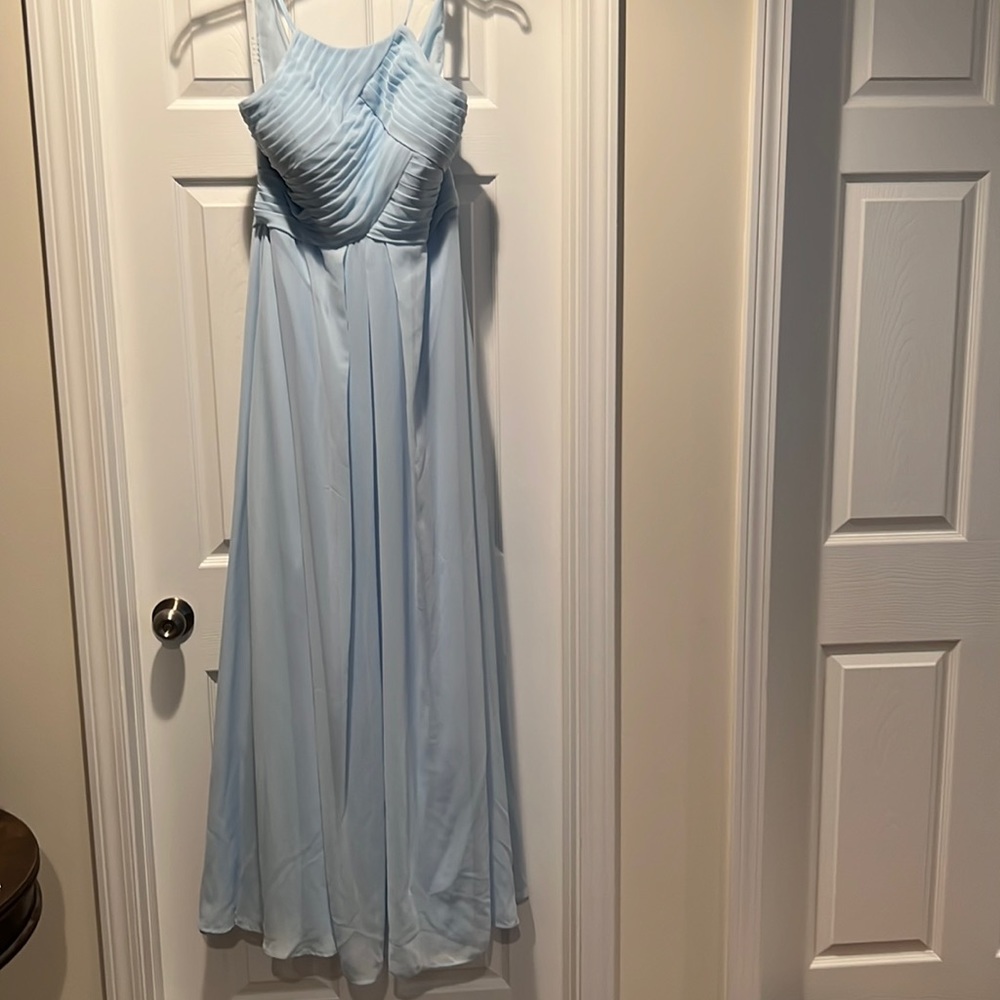 Sky blue high neck, spaghetti strap bridesmaids dress (Azazie, Ginger)
